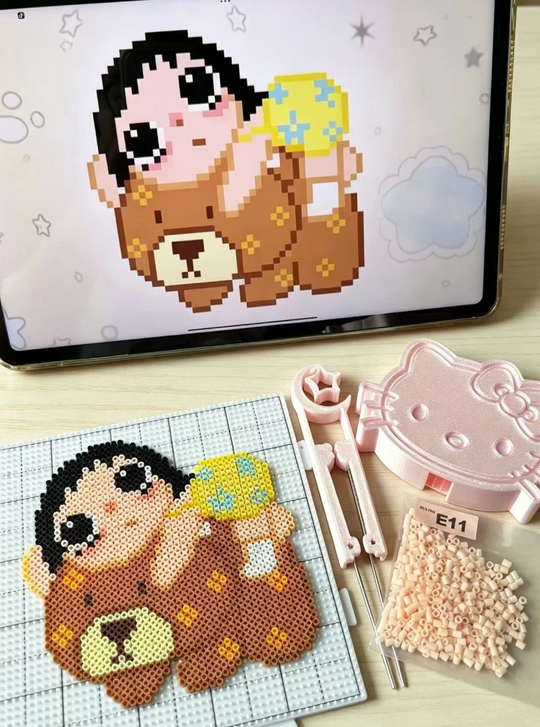 Girl on Bear Pixel Charm – Deep Brown & Soft Pastel – Snuggle Scene Decor