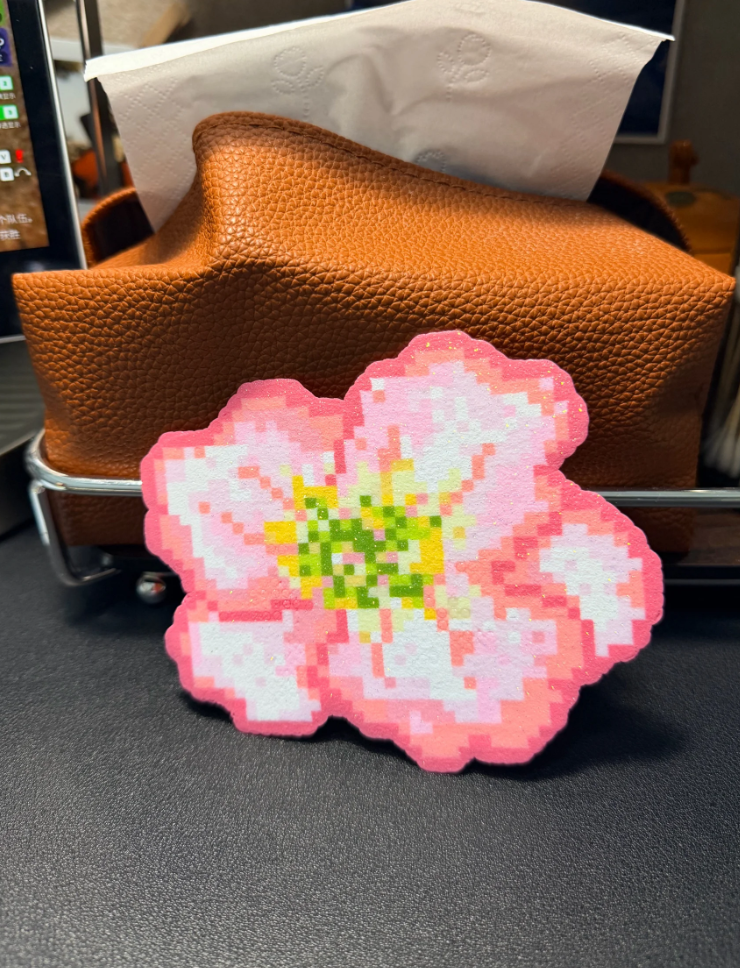 Spring Blossom Pixel Coaster – Pink Glitter Petals & Yellow-Green Centre – Gentle Floral Decor