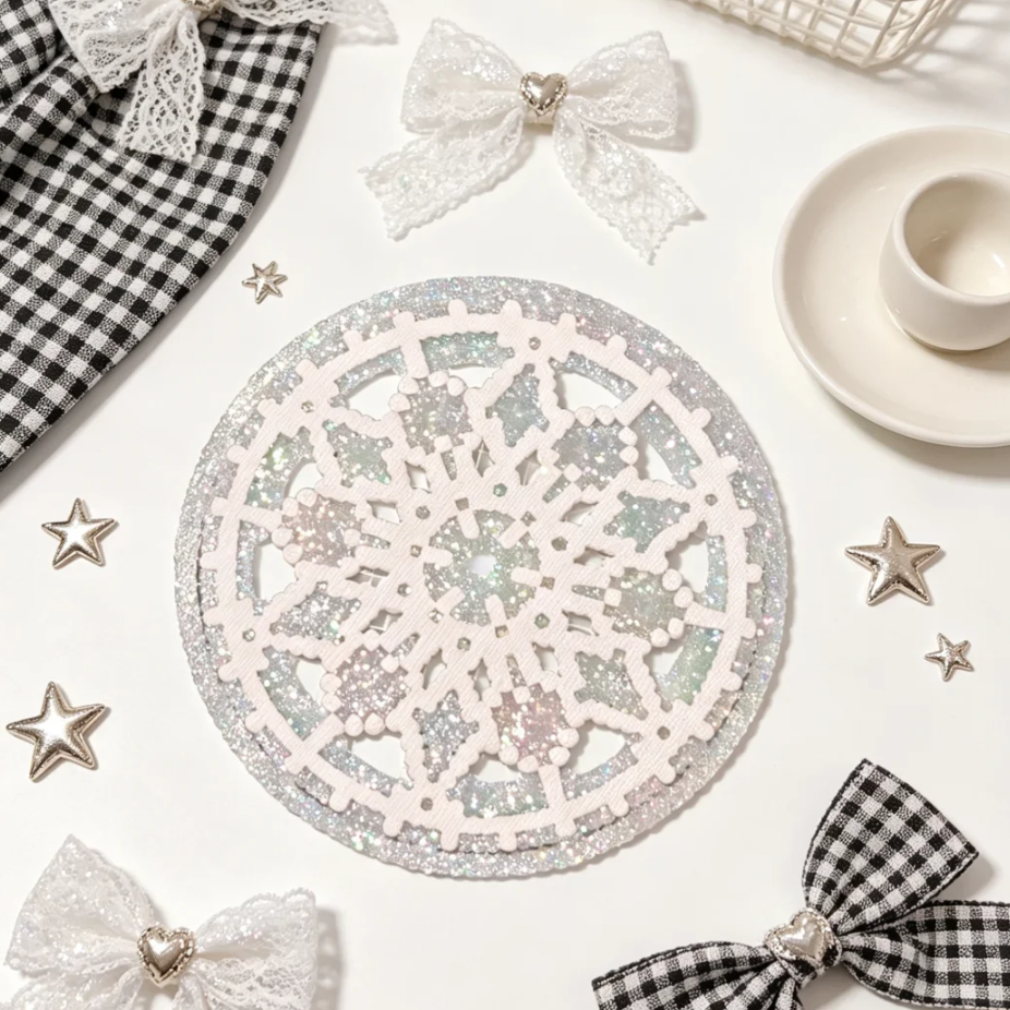 Snowflake Lace Coaster – Double‑Layer Hexagonal Cut‑out – Iridescent Shimmer Base