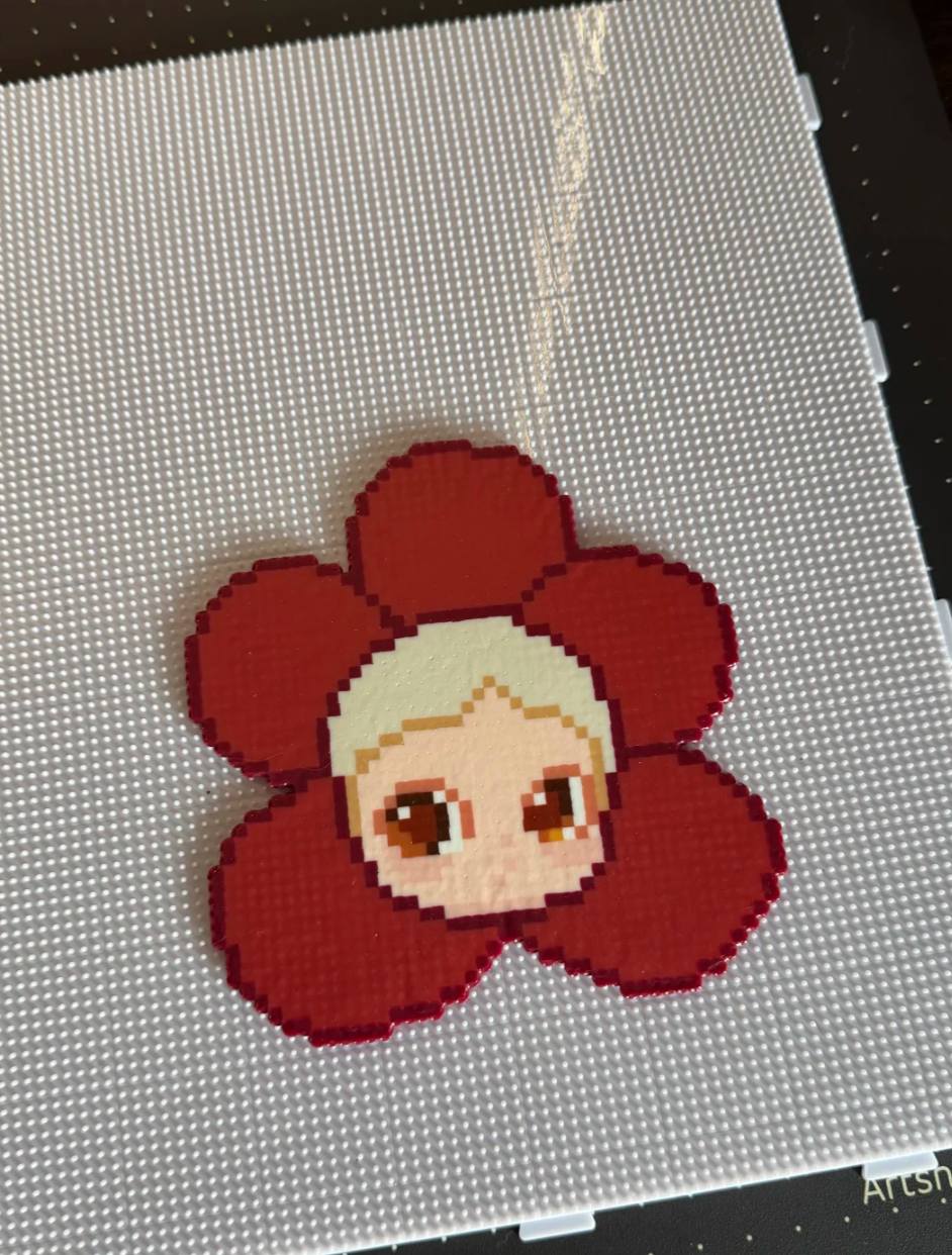 Red Flower Chibi Girl Perler Bead Charm | Floral Kawaii Backpack Accessory & Coaster
