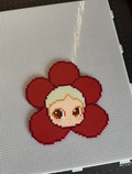 Red Flower Chibi Girl Perler Bead Charm | Floral Kawaii Backpack Accessory & Coaster