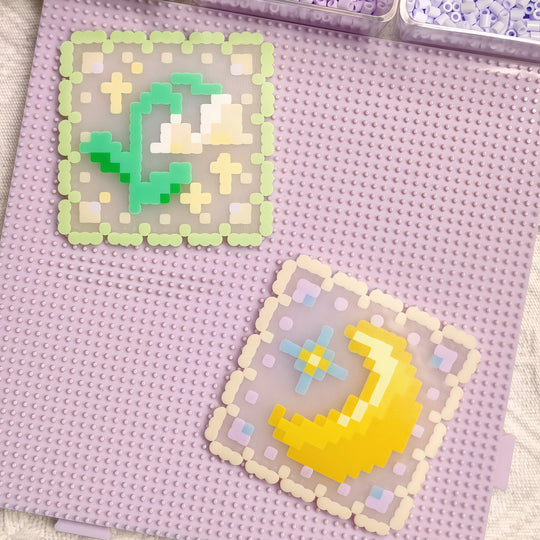 Fairy Tale Stamp Coasters – Set of 2 (Lily of the Valley & Crescent Moon) – Perler Bead Art