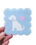 Glitter Light Blue Pixel Puppy Heart Perler Bead Coaster | Kawaii Dog Lover Desk Decor