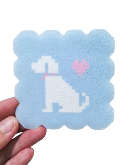 Glitter Light Blue Pixel Puppy Heart Perler Bead Coaster | Kawaii Dog Lover Desk Decor