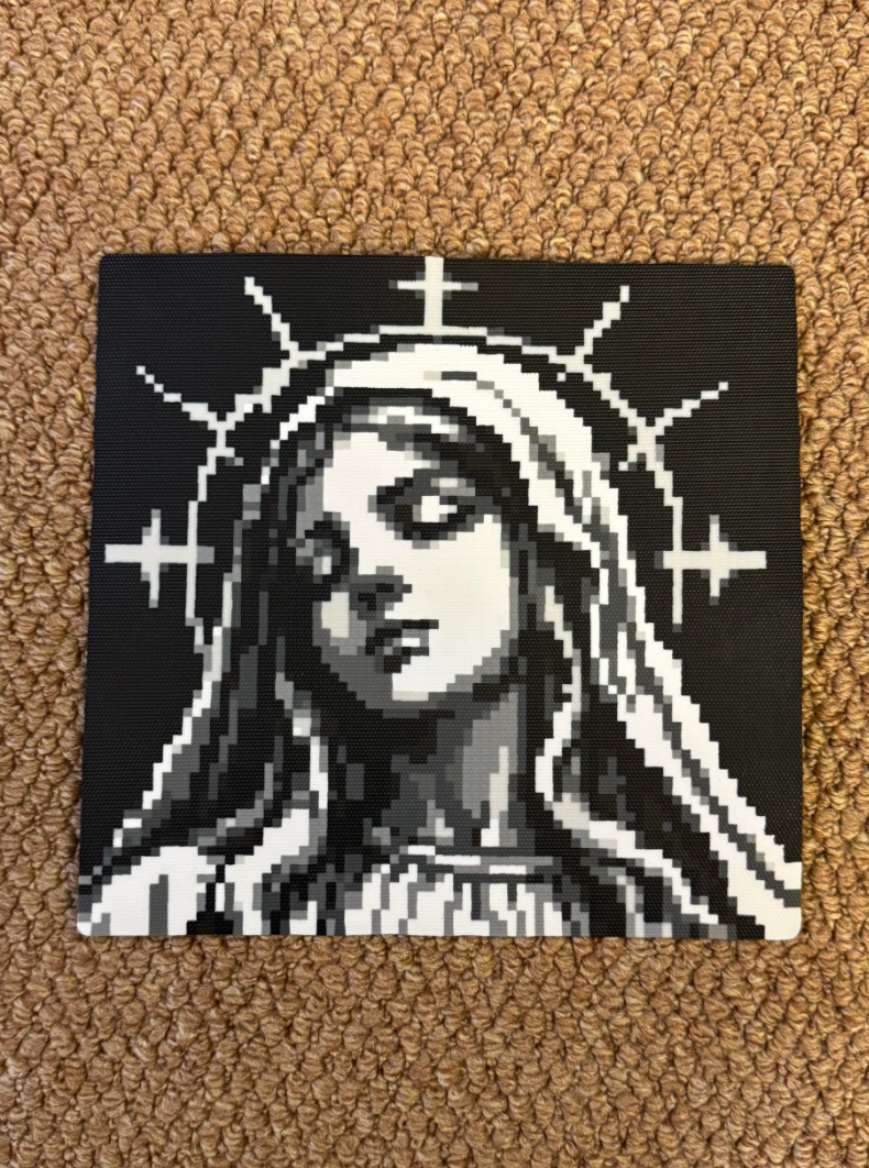 Gothic Madonna Pixel Art – Triple Cross Halo & Greyscale Shading – Sacred Dark Decor