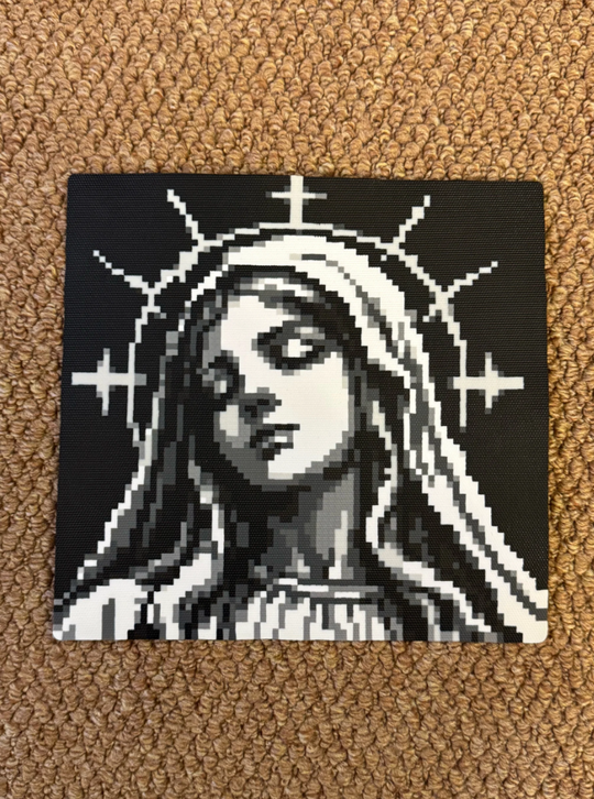 Gothic Madonna Pixel Art – Triple Cross Halo & Greyscale Shading – Sacred Dark Decor