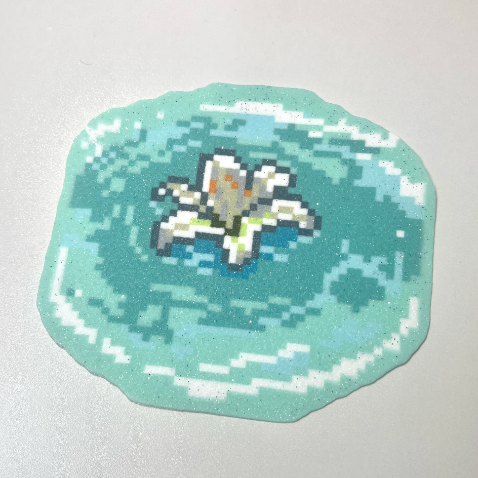 Lily Pixel Coaster – Iridescent Water Ripple with White Lily – Retro Pixel Art