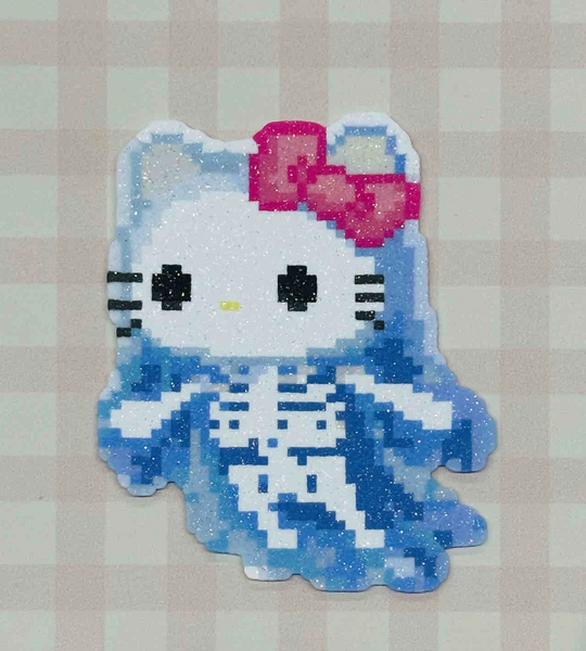 Skeleton Hello Kitty Pixel Charm – Glitter Finish & Blue-Toned Body – Halloween Sweet-Cool Decor