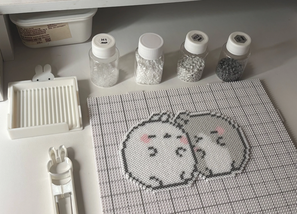 White & Grey Cuddling Chiikawa Twin Pixel Perler Bead Unfinished Layout
