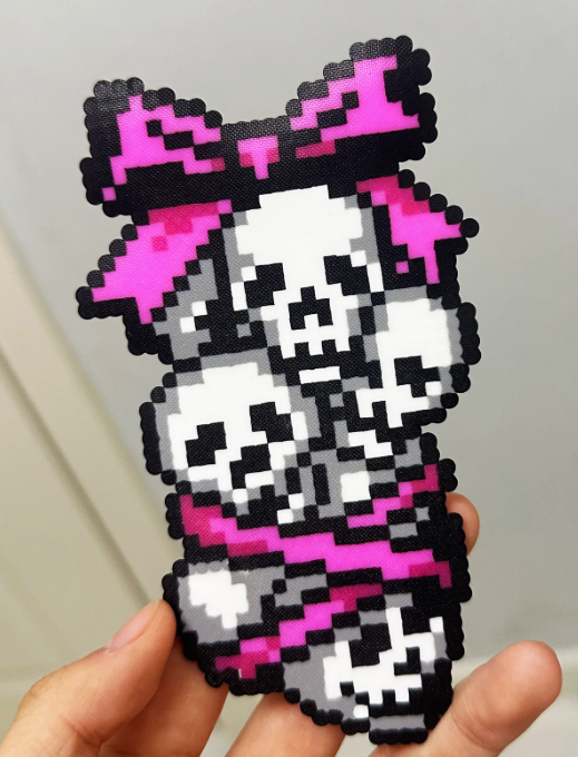 Hot Pink Bow Stacked Skull Perler Bead Charm | Pastel Goth Coquette Backpack Accessory