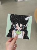 Y2K Sad-Sweet Girl Pixel Coaster – Glitter Mint Base, Black Shimmer Hair & Green Apple – Soft Grunge Decor