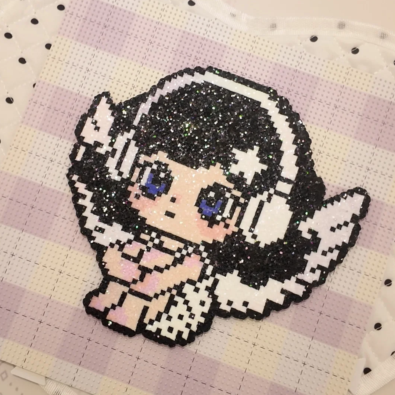 Dark Angel Girl – Shimmer Black Hair & White Wings – Pixel Perler Art