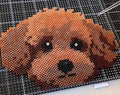 May include: A pixel art dog's face created from small, cylindrical beads in shades of brown. The dog has a black nose and white eyes. The artwork is set against a black and white grid, with tweezers in the background.