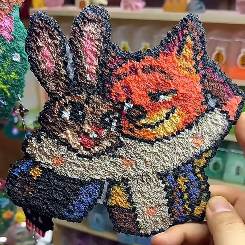 May include: A textured fox-rabbit hybrid figure in vibrant colours. The artwork depicts a smiling fox face with orange, yellow, and black details, and rabbit ears with pink interiors. The figure is wearing a blue and yellow outfit, with a pixelated appea